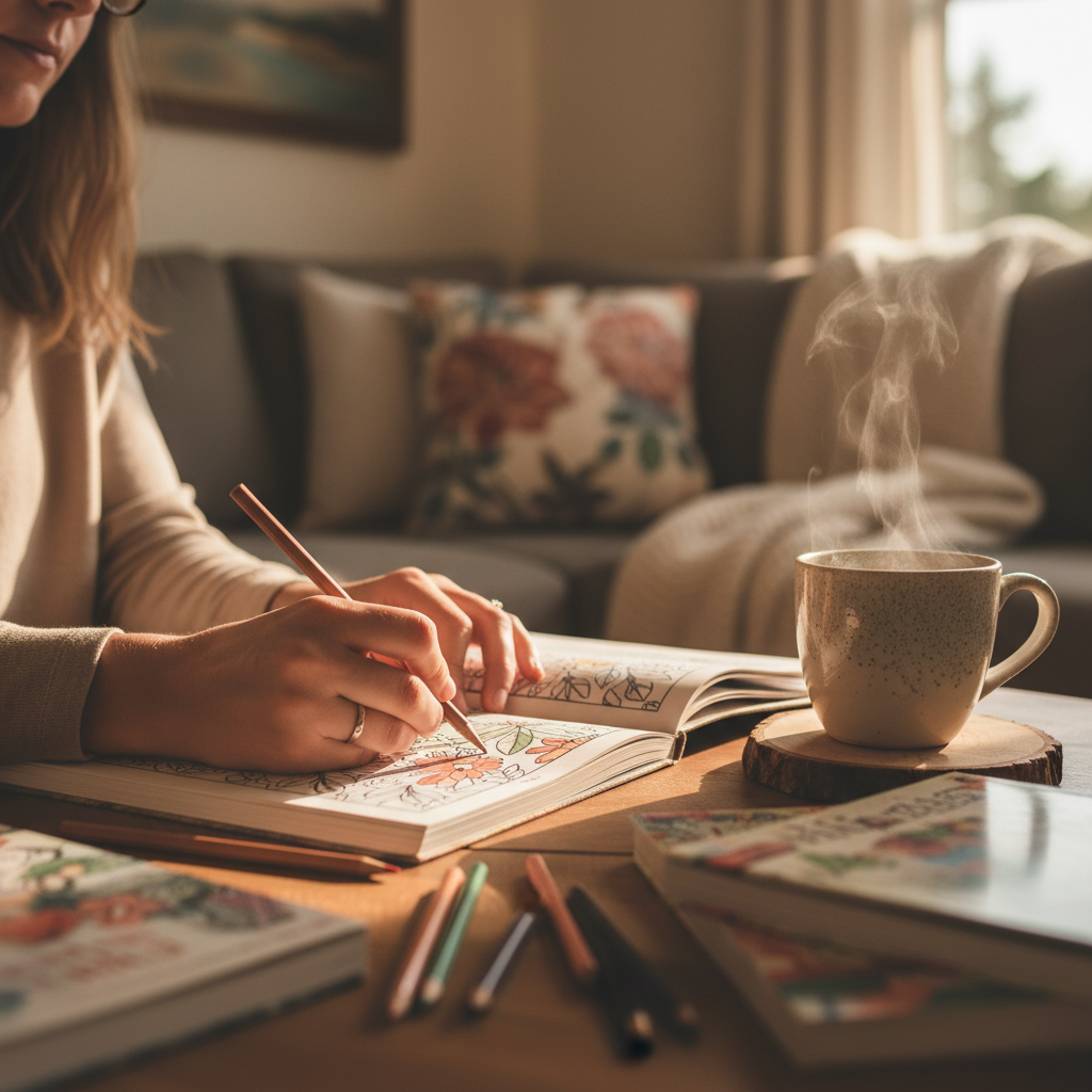 warm, softly lit still life of an adult colouring book, pencils and tea in a cozy Barrie home — cover image for the stress relief article "Why 10 Minute…