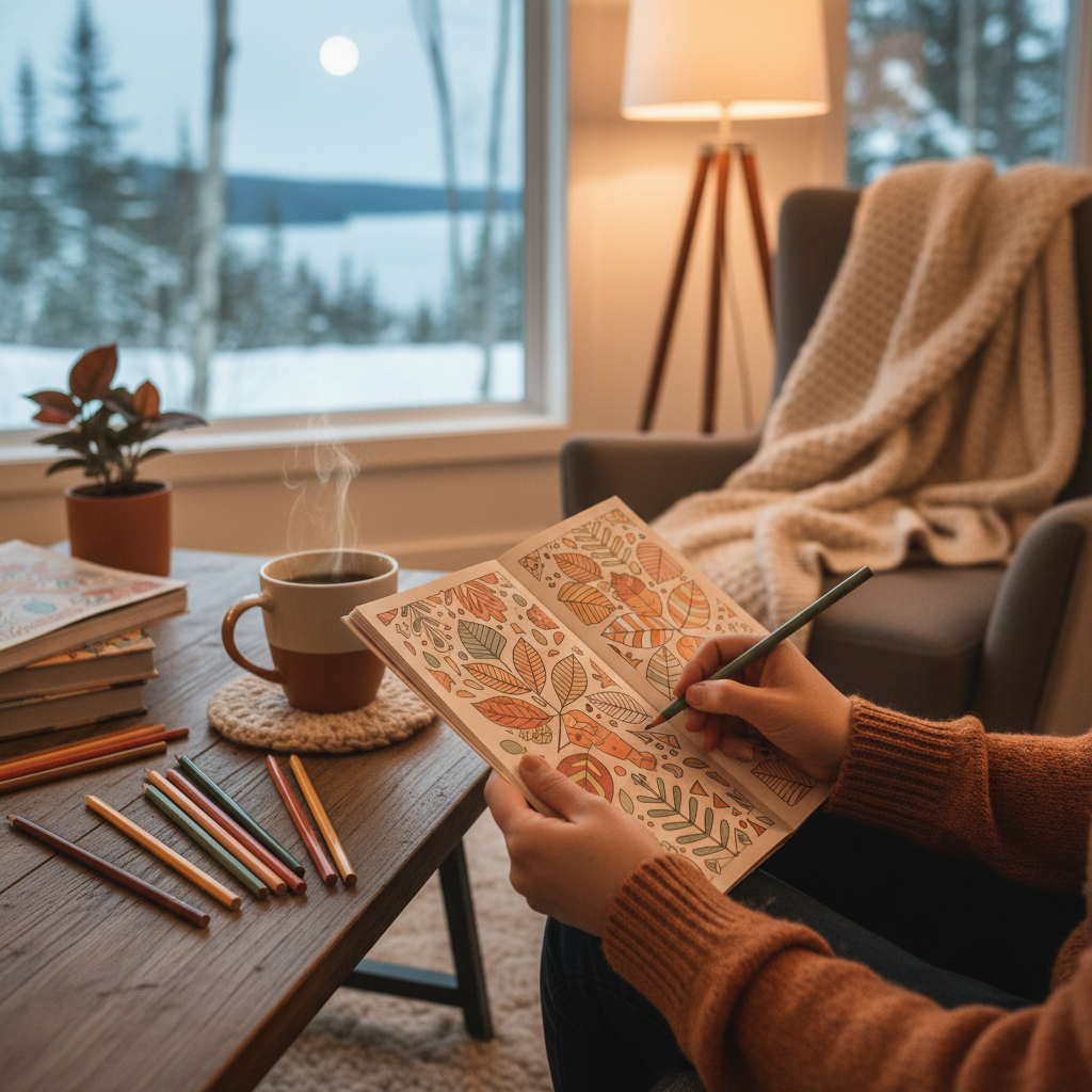 warm, softly lit still life of an adult colouring book, pencils and tea in a cozy Barrie home — cover image for the stress relief article "10 Minutes of…