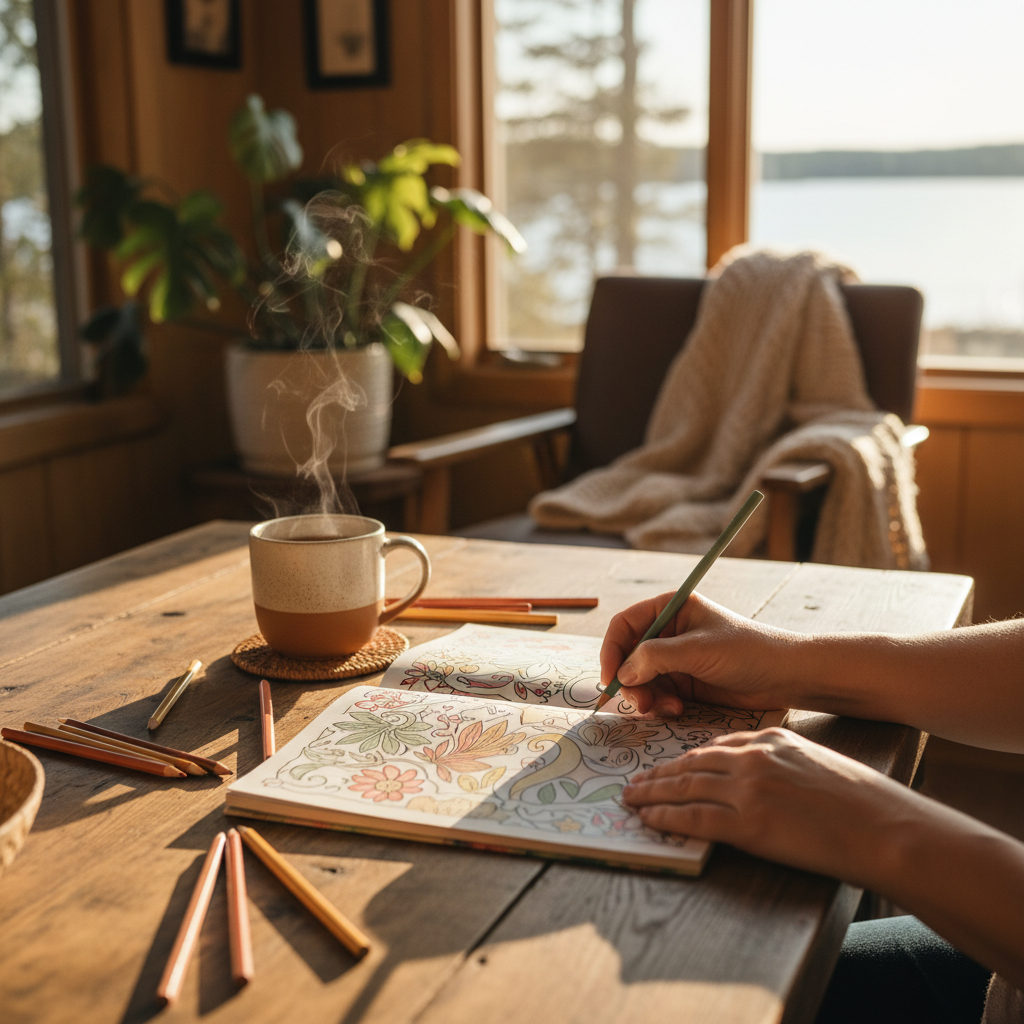 warm, softly lit still life of an adult colouring book, pencils and tea in a cozy Barrie home — cover image for the stress relief article "How Adult Col…