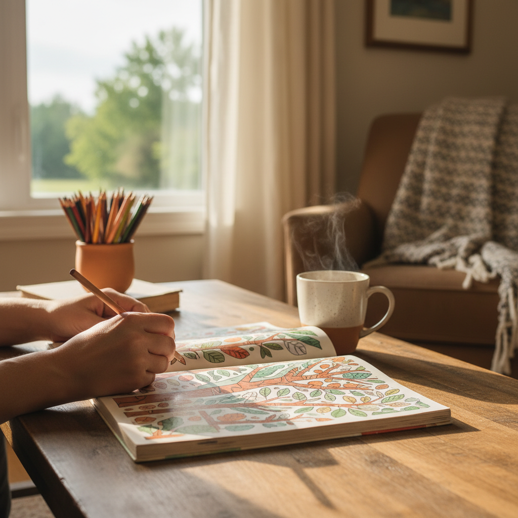 warm, softly lit still life of an adult colouring book, pencils and tea in a cozy Barrie home — cover image for the stress relief article "How Adult Col…