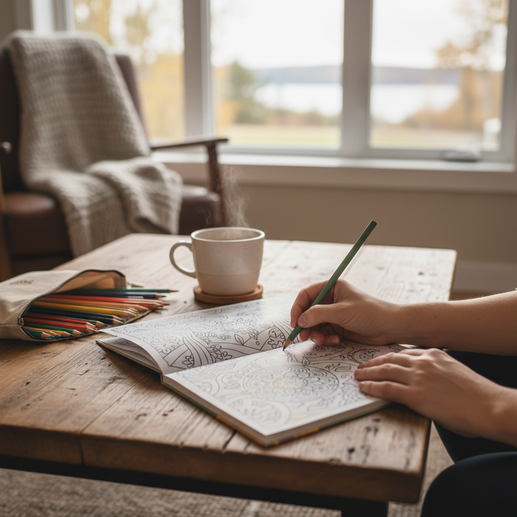 warm, softly lit still life of an adult colouring book, pencils and tea in a cozy Barrie home — cover image for the mindfulness article "Back to Calm: M…