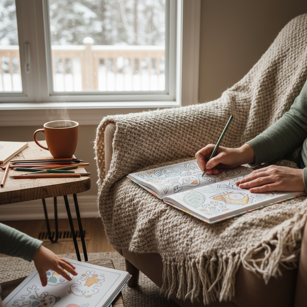 warm, softly lit still life of an adult colouring book, pencils and tea in a cozy Barrie home — cover image for the mindfulness article "Back to Calm: M…
