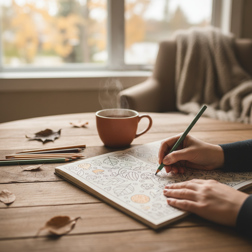 warm, softly lit still life of an adult colouring book, pencils and tea in a cozy Barrie home — cover image for the classroom mindfulness article "Quiet…