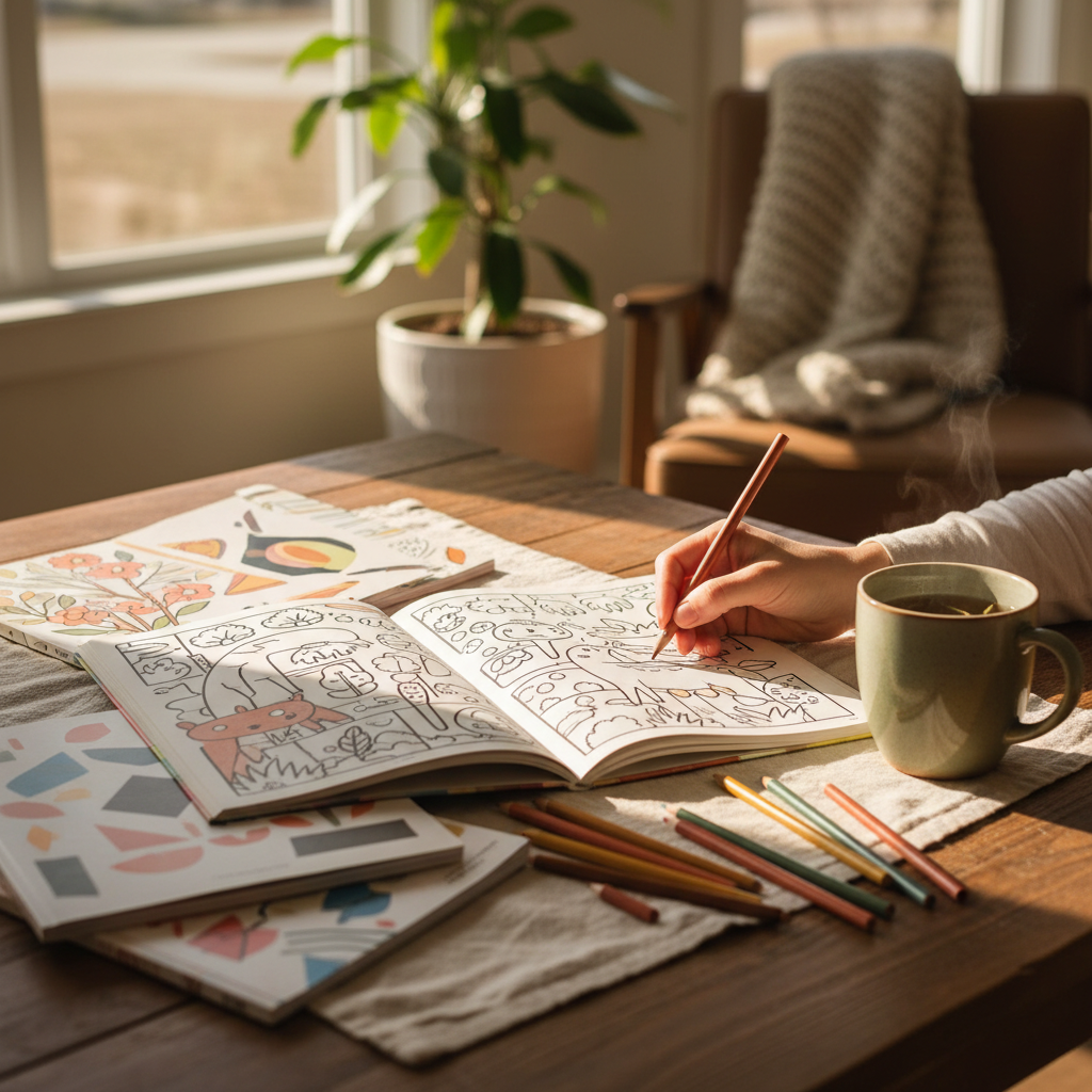 warm, softly lit still life of an adult colouring book, pencils and tea in a cozy Barrie home — cover image for the guides article "Choosing the Right C…