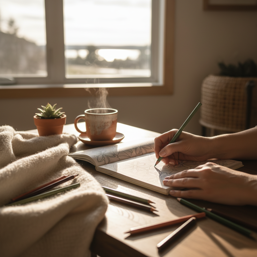warm, softly lit still life of an adult colouring book, pencils and tea in a cozy Barrie home — cover image for the stress relief article "Colour Therap…