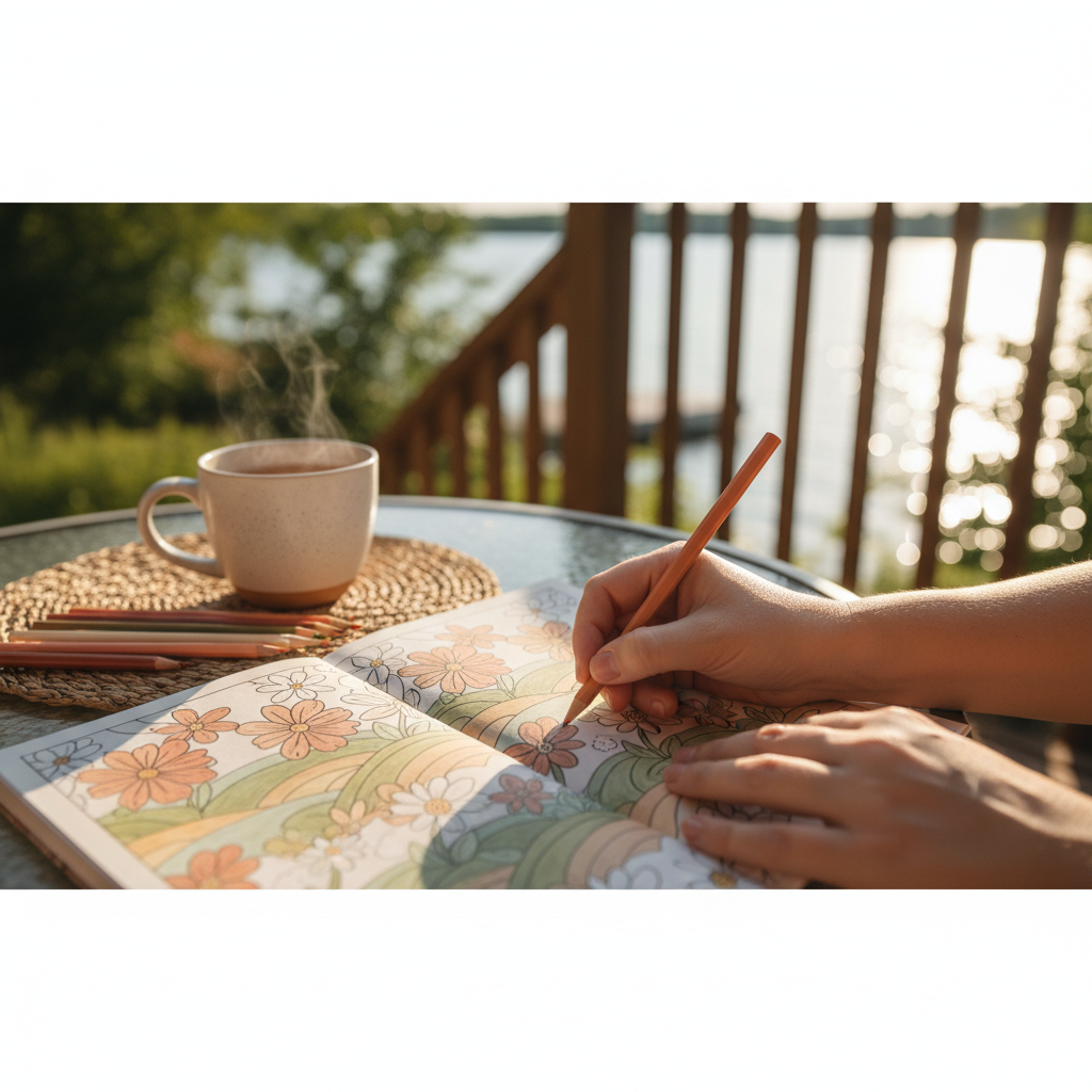 warm, softly lit still life of an adult colouring book, pencils and tea in a cozy Barrie home — cover image for the stress relief article "Colour Therap…