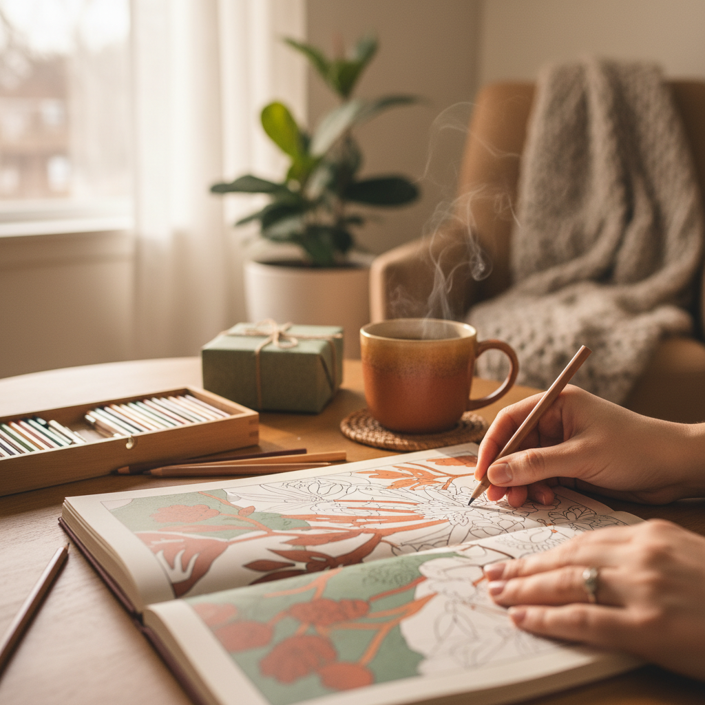 warm, softly lit still life of an adult colouring book, pencils and tea in a cozy Barrie home — cover image for the mindfulness article "Thoughtful Gift…