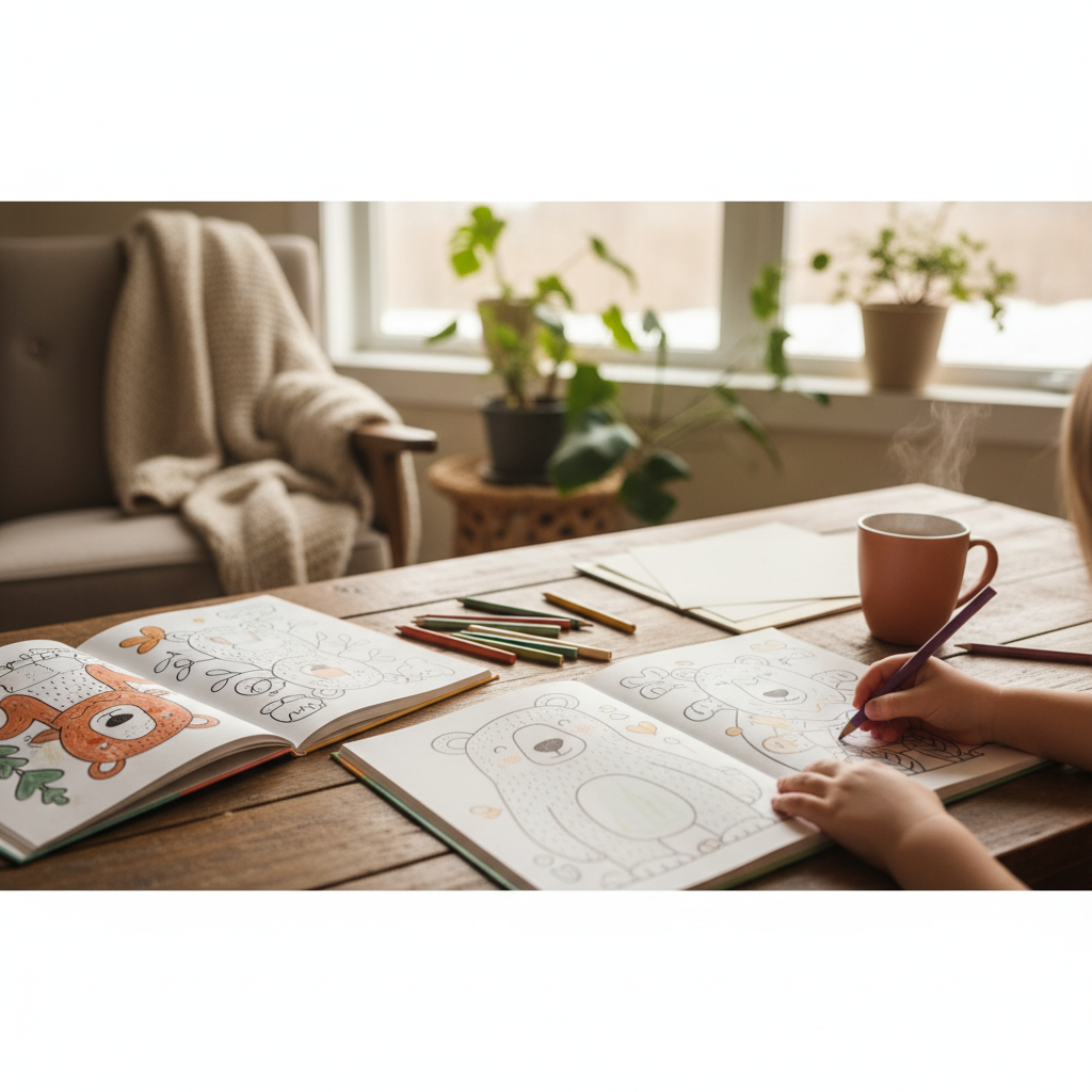 warm, softly lit still life of an adult colouring book, pencils and tea in a cozy Barrie home — cover image for the parenting and kids article "How to C…
