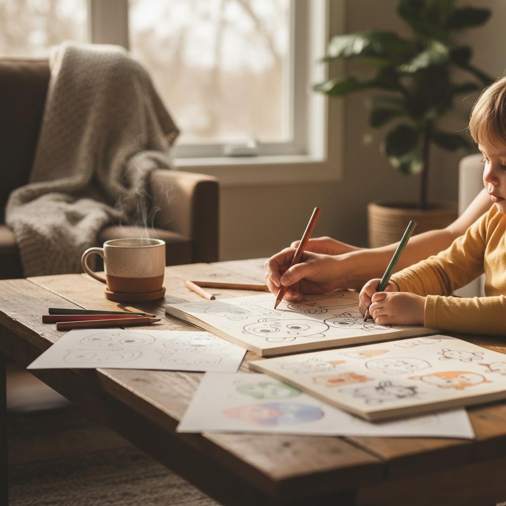 warm, softly lit still life of an adult colouring book, pencils and tea in a cozy Barrie home — cover image for the guides article "How to Choose a Colo…