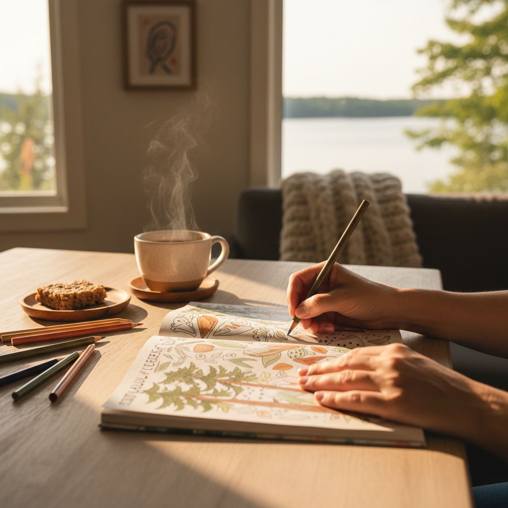 warm, softly lit still life of an adult colouring book, pencils and tea in a cozy Barrie home — cover image for the mindfulness article "Mindful Colouri…