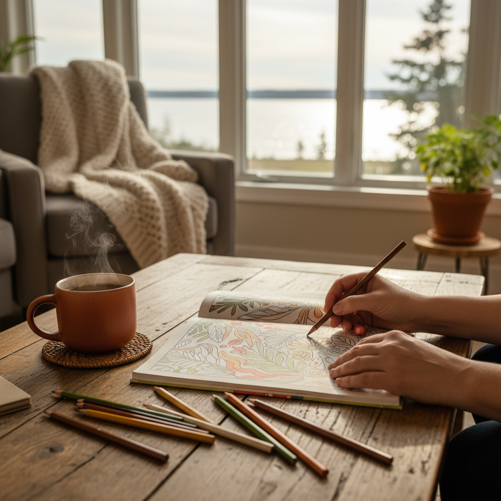 warm, softly lit still life of an adult colouring book, pencils and tea in a cozy Barrie home — cover image for the mindfulness article "Mindful Colouri…