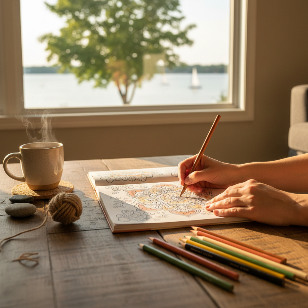 warm, softly lit still life of an adult colouring book, pencils and tea in a cozy Barrie home — cover image for the mindfulness article "Mindful Colouri…