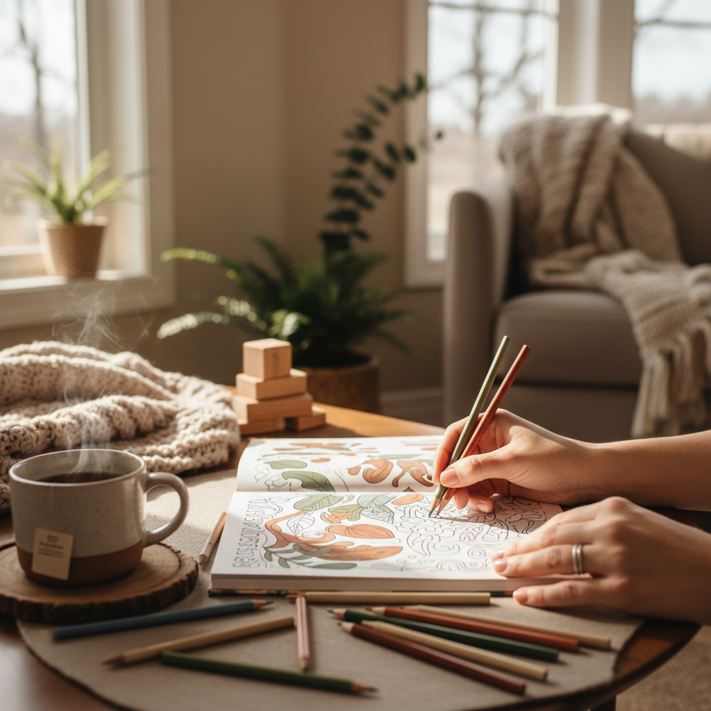 warm, softly lit still life of an adult colouring book, pencils and tea in a cozy Barrie home — cover image for the kids article "Colouring as a Quiet A…