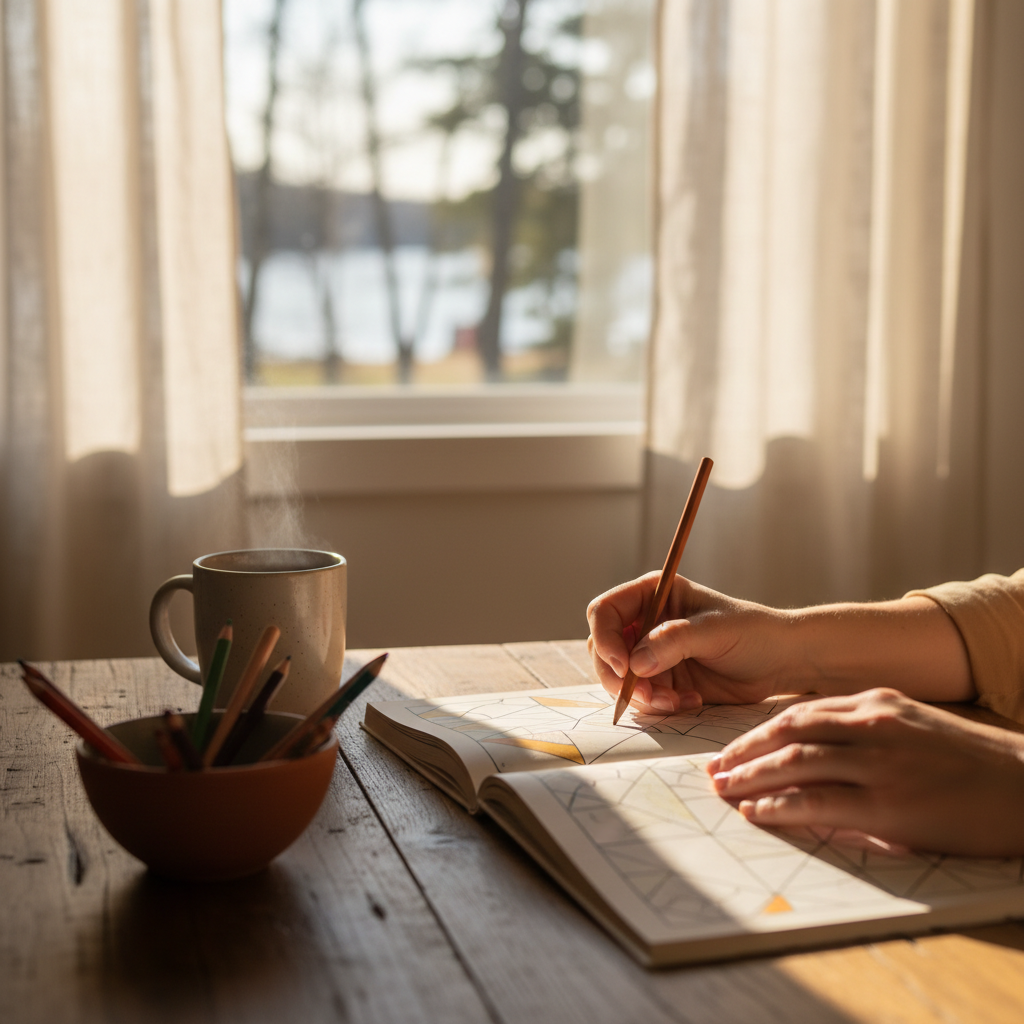 warm, softly lit still life of an adult colouring book, pencils and tea in a cozy Barrie home — cover image for the mindfulness article "Colouring as a …