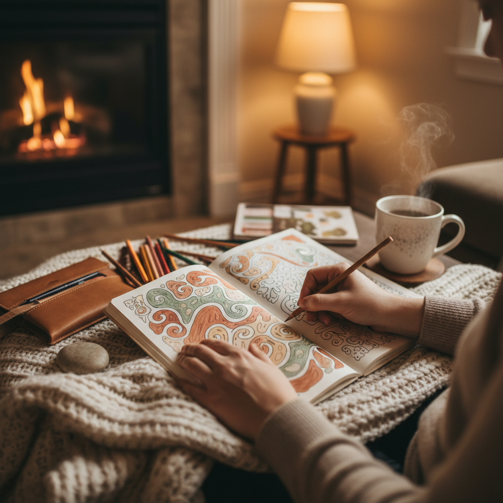warm, softly lit still life of an adult colouring book, pencils and tea in a cozy Barrie home — cover image for the mindfulness article "Screen-Free Eve…