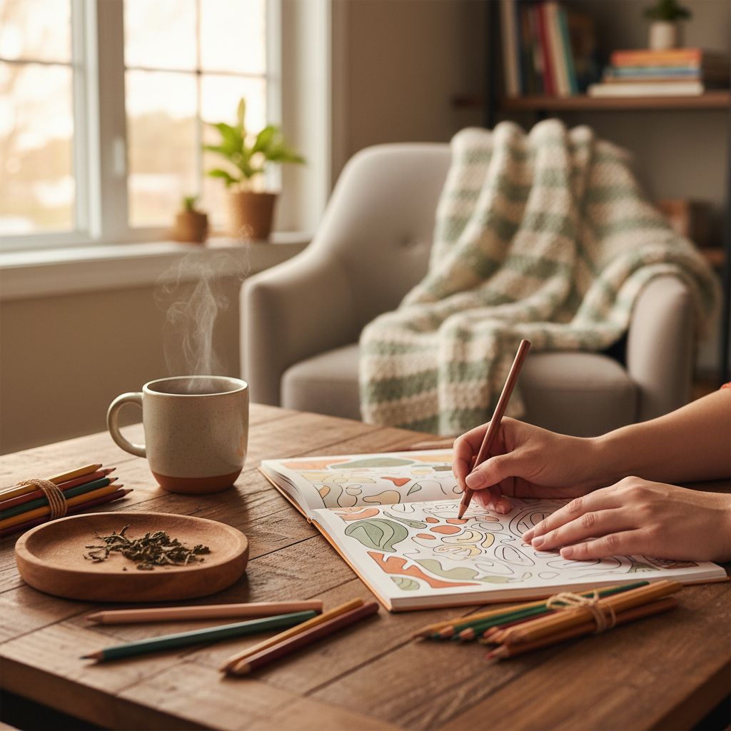 warm, softly lit still life of an adult colouring book, pencils and tea in a cozy Barrie home — cover image for the mindfulness article "Screen-Free Eve…