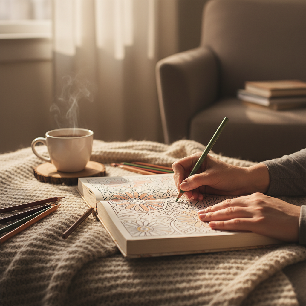 warm, softly lit still life of an adult colouring book, pencils and tea in a cozy Barrie home — cover image for the mindfulness article "Screen-Free Eve…