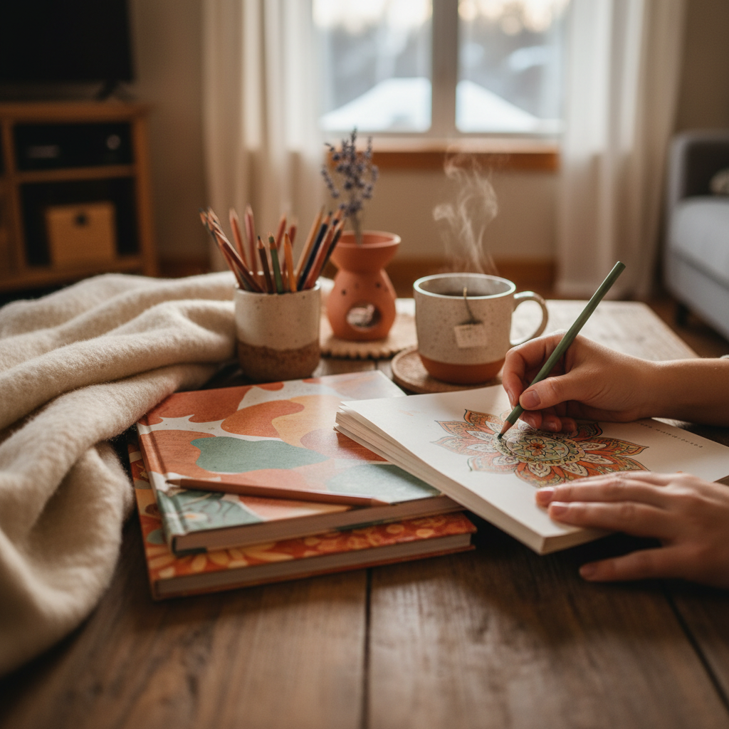 warm, softly lit still life of an adult colouring book, pencils and tea in a cozy Barrie home — cover image for the gift guides article "Screen-Free Gif…