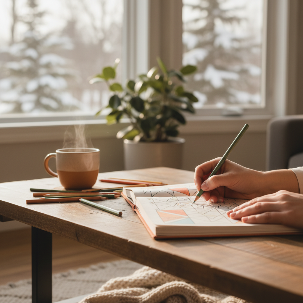 warm, softly lit still life of an adult colouring book, pencils and tea in a cozy Barrie home — cover image for the mindfulness article "Mindful Colouri…