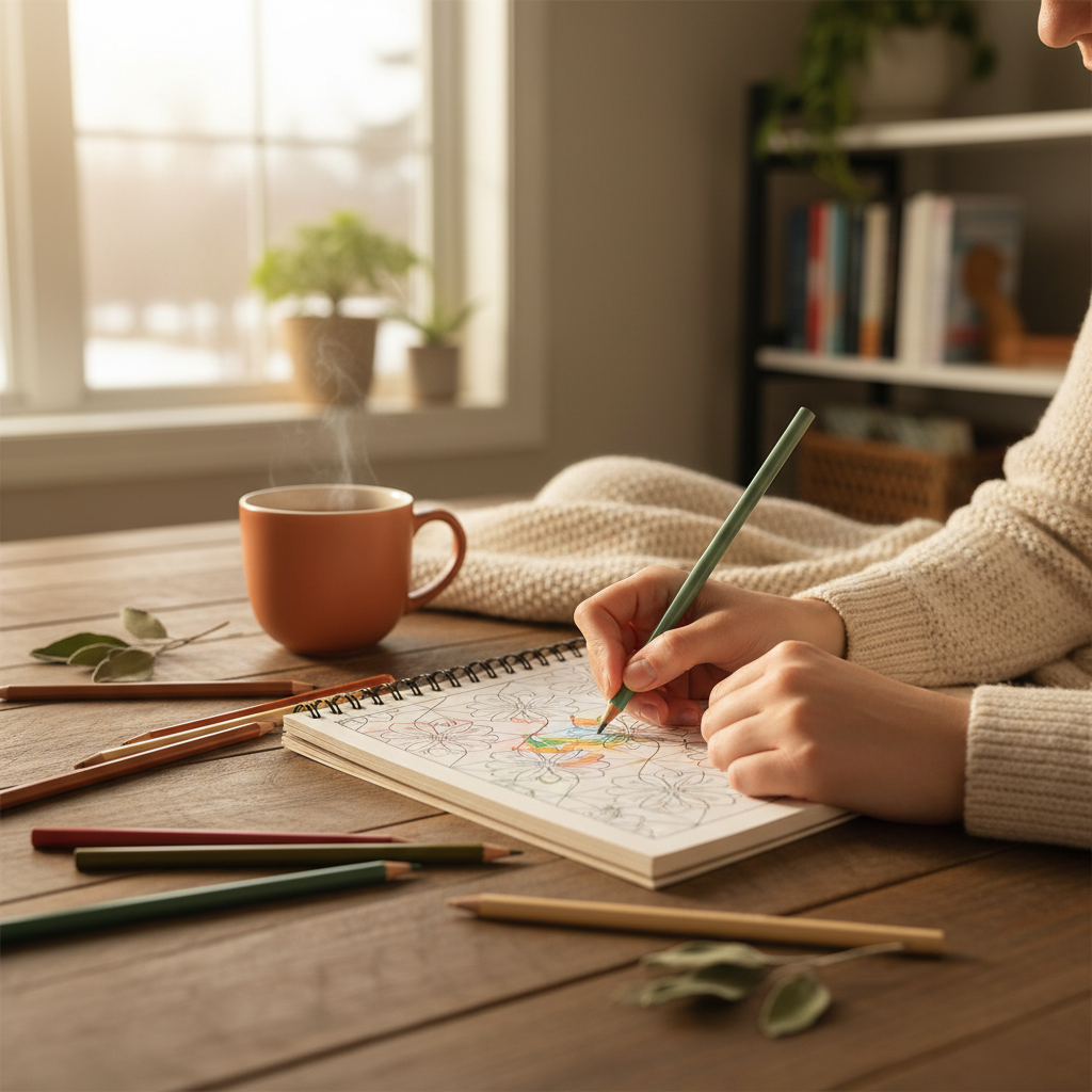 warm, softly lit still life of an adult colouring book, pencils and tea in a cozy Barrie home — cover image for the mindfulness article "Mindful Colouri…