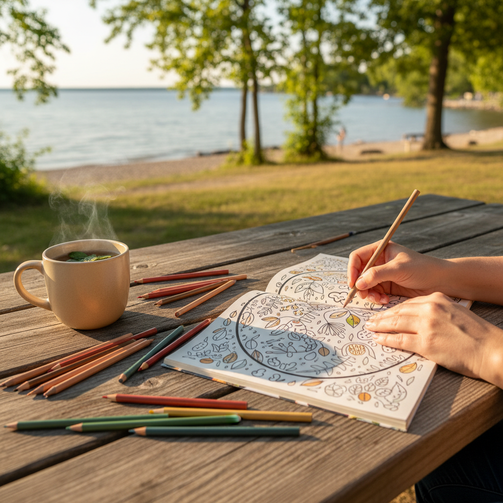warm, softly lit still life of an adult colouring book, pencils and tea in a cozy Barrie home — cover image for the mindfulness article "Summer Mindful …