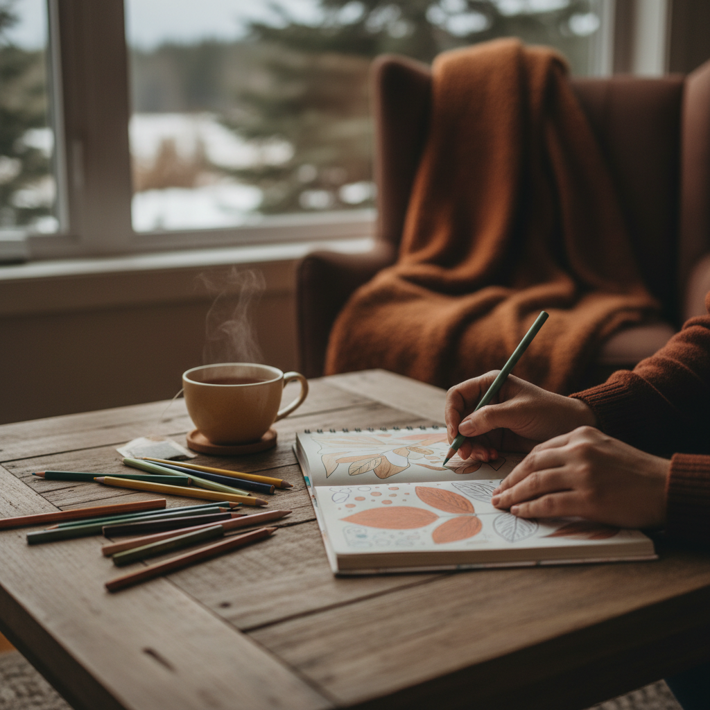 warm, softly lit still life of an adult colouring book, pencils and tea in a cozy Barrie home — cover image for the stress relief article "Why 10 Minute…