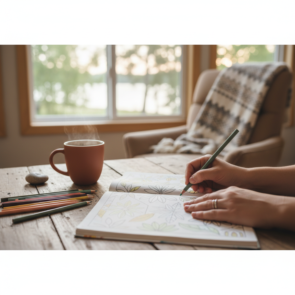warm, softly lit still life of an adult colouring book, pencils and tea in a cozy Barrie home — cover image for the stress relief article "Why 10 Minute…