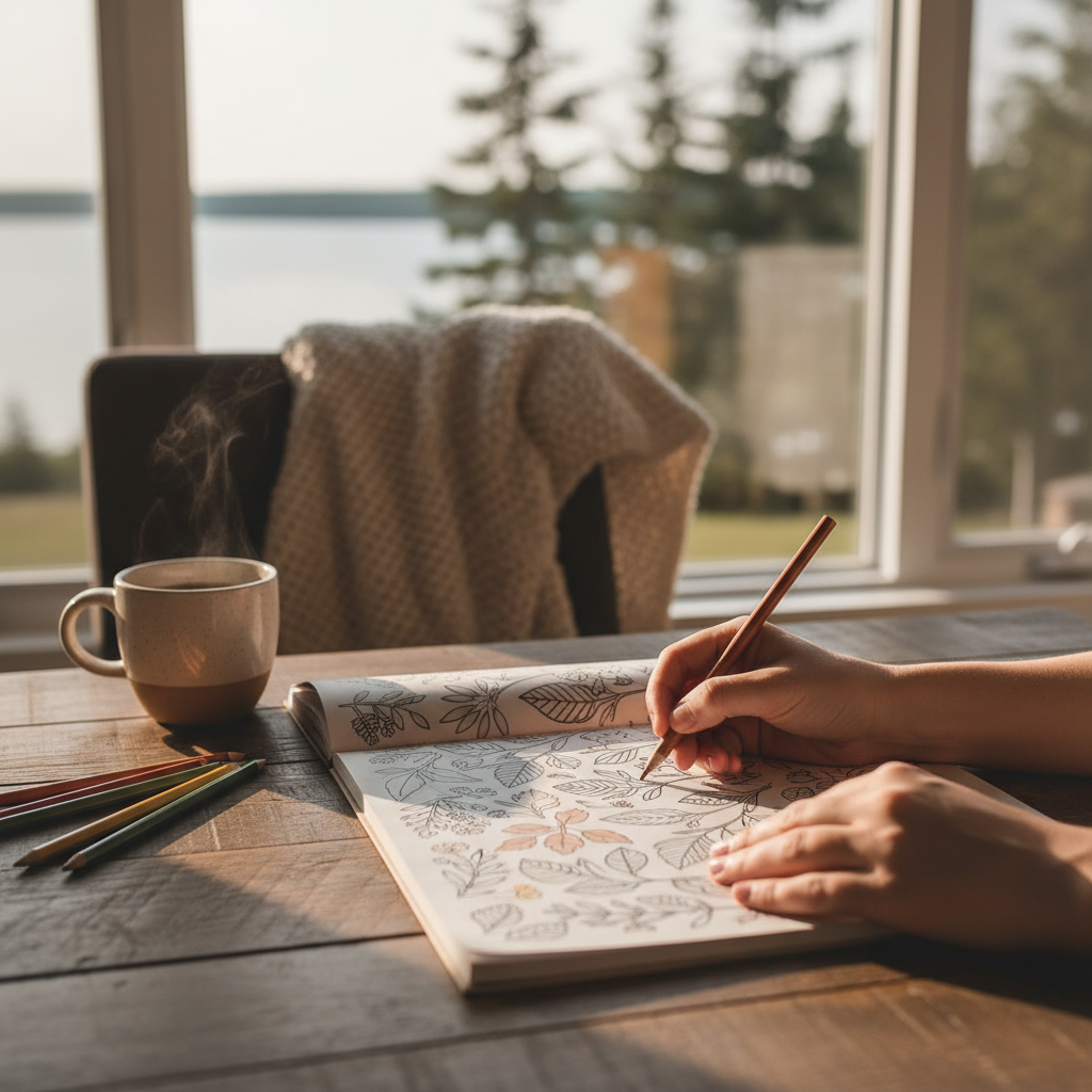 warm, softly lit still life of an adult colouring book, pencils and tea in a cozy Barrie home — cover image for the stress relief article "Why 10 Minute…
