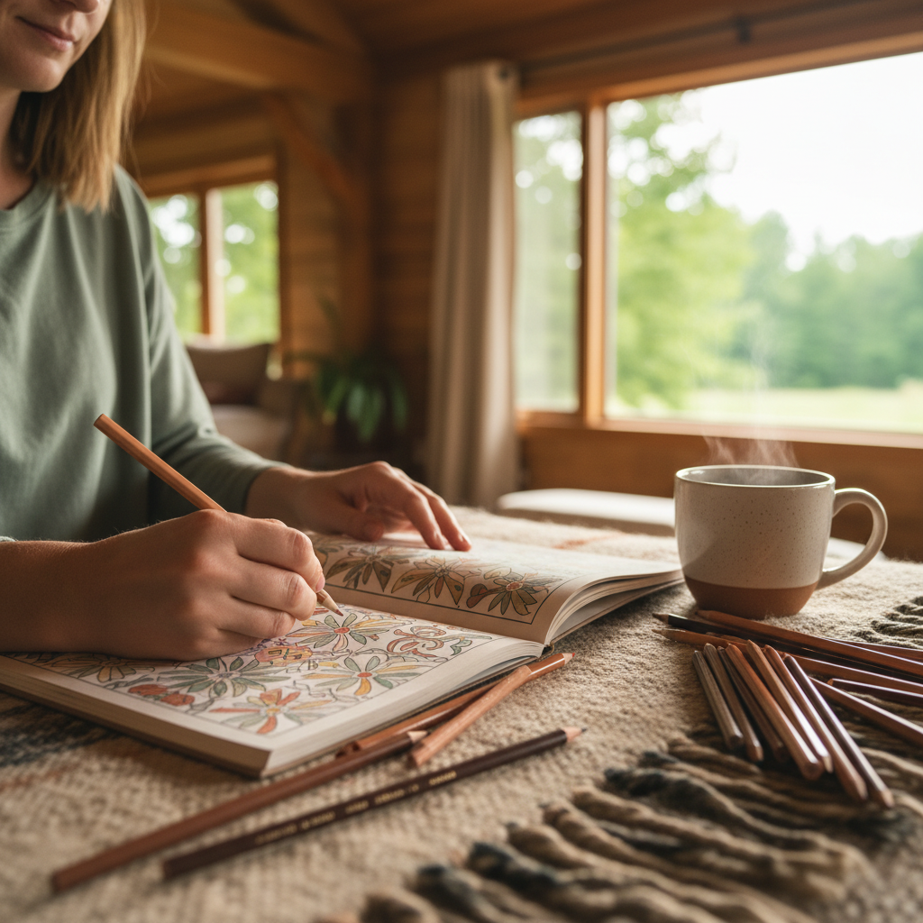 warm, softly lit still life of an adult colouring book, pencils and tea in a cozy Barrie home — cover image for the stress relief article "Why 10 Minute…